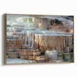 Framed canvas of Yellowstone landscape in vintage poster style, featuring black and gold tones, ideal for bedroom wall art.