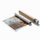 Yellowstone scenic landscape on rolled print, featuring lush greenery and water.