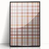 Large abstract wall art featuring mid-century modernist style in warm autumn colors, framed in black acrylic.