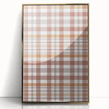 Large art print of a mid-century modernist autumn scene in gold and orange tones, acrylic framed.