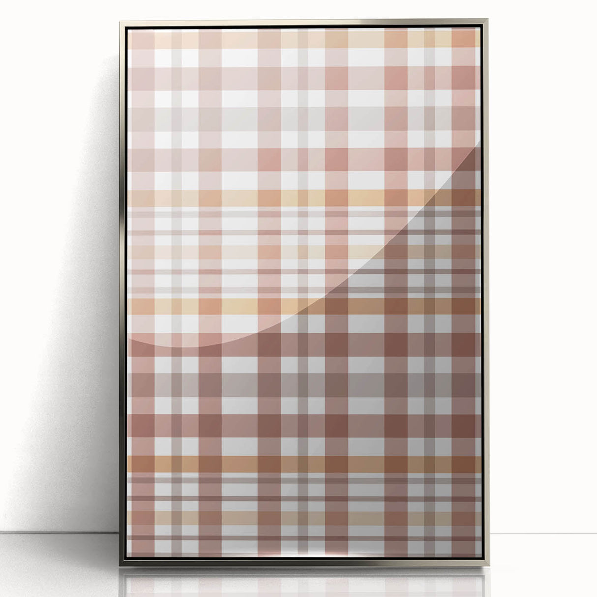 Mid-century modernist art depicting autumn trees in muted orange and brown tones on a silver-framed acrylic print.