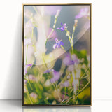 Large art print of a mid-century modernist spring scene in pastel shades on acrylic, framed in gold.