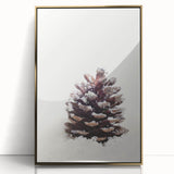 Large art print of a winter scene in mid-century modernist style, featuring muted blue and white tones on framed acrylic.