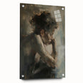 Abstract figurative acrylic artwork displayed from a side view, showcasing vibrant colors and intricate details, pinned for presentation and stability.