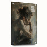 Abstract figurative acrylic artwork displayed from a side view, showcasing vibrant colors and intricate details, pinned for presentation and stability.