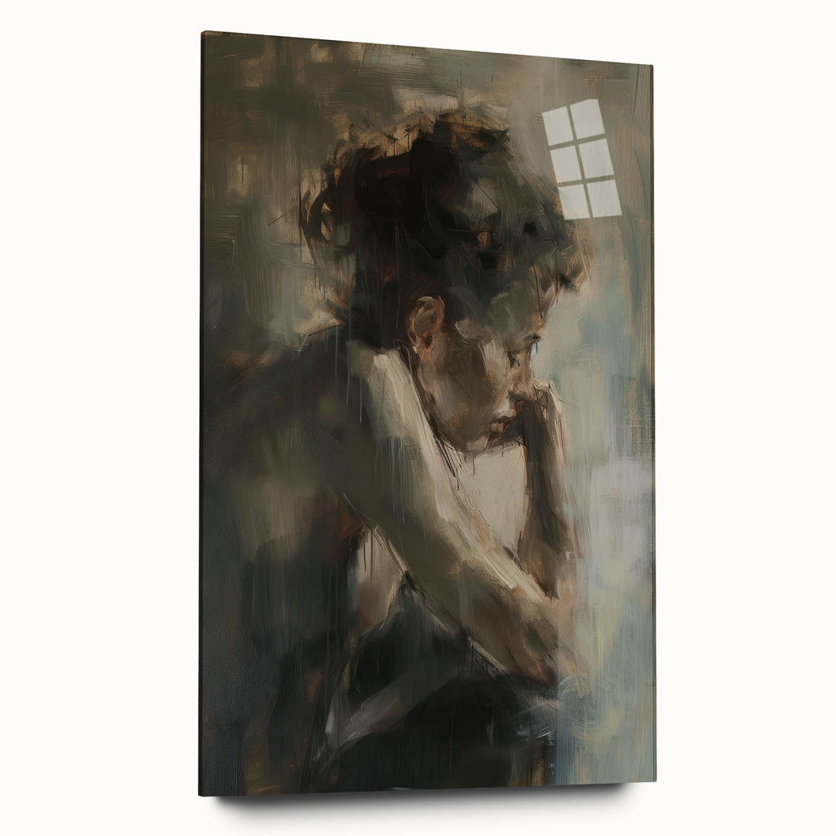 Abstract figurative acrylic art piece displayed in a sleek glass frame, showcasing vibrant colors and dynamic shapes, perfect for modern home decor.