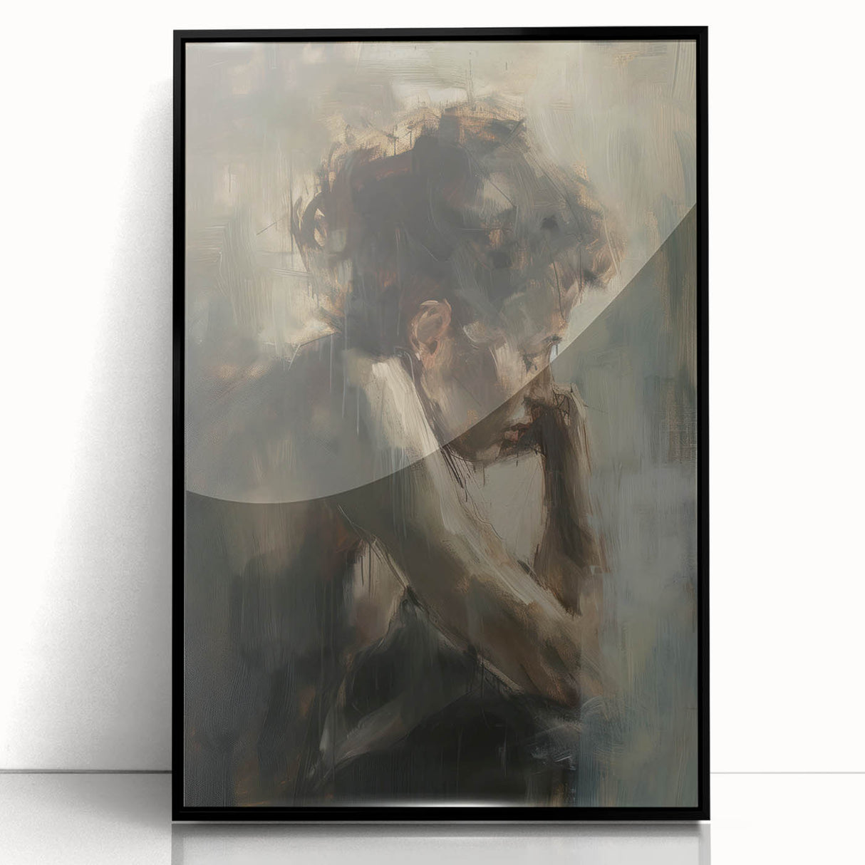 Framed abstract figurative wall art in acrylic, showcasing a modern black design with vibrant colors, perfect for contemporary home decor.