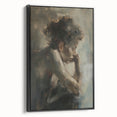 Abstract figurative framed canvas artwork showcasing a dynamic design with bold colors and intricate patterns, featuring a sleek black frame, ideal for modern decor.