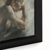 Close-up of a vibrant abstract figurative framed canvas artwork, showcasing dynamic colors and fluid shapes, perfect for modern home decor accents.