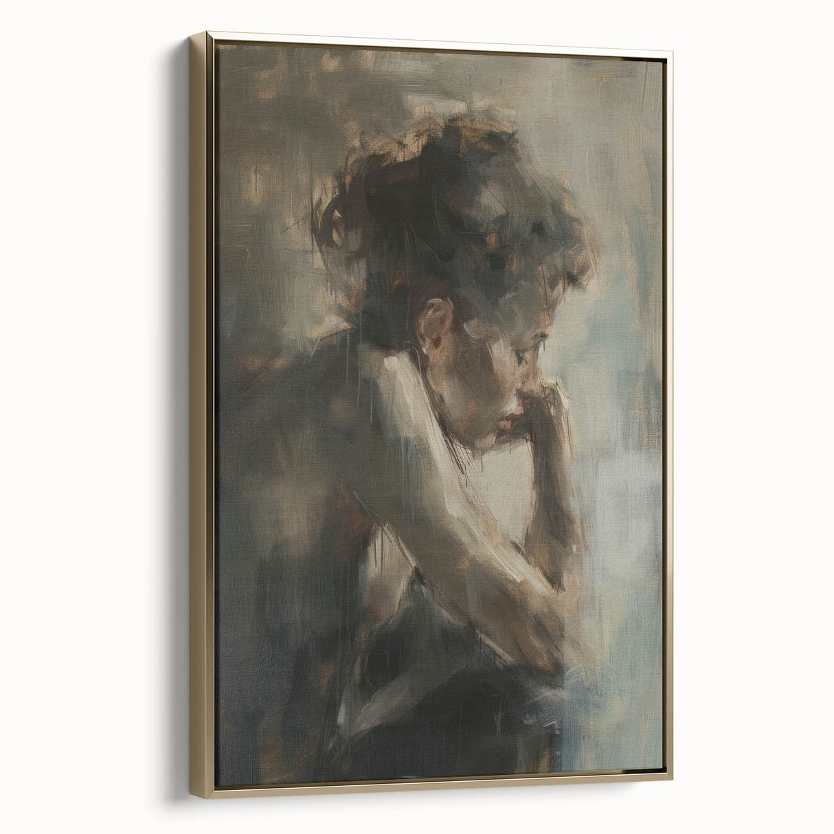 Framed abstract figurative wall art canvas in gold tones, showcasing a modern design with elegant lines, perfect for enhancing contemporary home decor.
