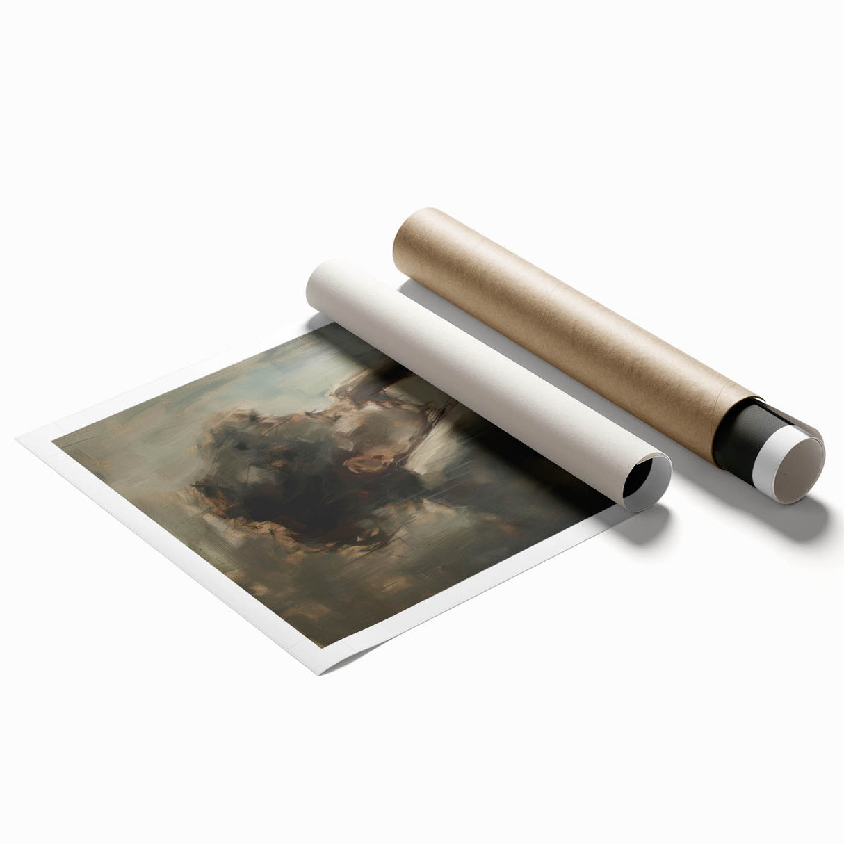 Abstract figurative art print featuring vibrant colors and dynamic shapes, rolled and packaged in a secure cardboard tube, ideal for contemporary decor.