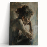 Abstract figurative artwork on stretched canvas, showcasing vibrant colors and dynamic shapes, leaning against a neutral wall in a contemporary setting.