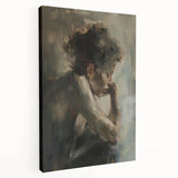 Stretched canvas artwork showcasing an abstract figurative design, featuring bold colors and dynamic shapes in a side view perspective, perfect for modern home decor.