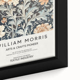 Close-up of a vibrant abstract floral canvas featuring bold colors like pink, blue, and yellow, elegantly framed, perfect for contemporary home decor.