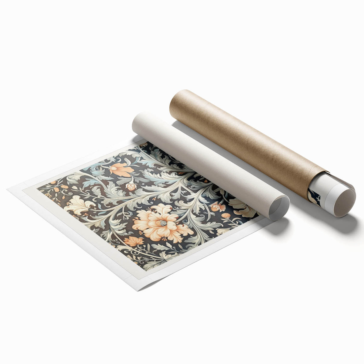 Abstract floral design on a rolled print showcasing vibrant colors and intricate patterns, elegantly packaged in a protective cardboard tube, ideal for home decor.