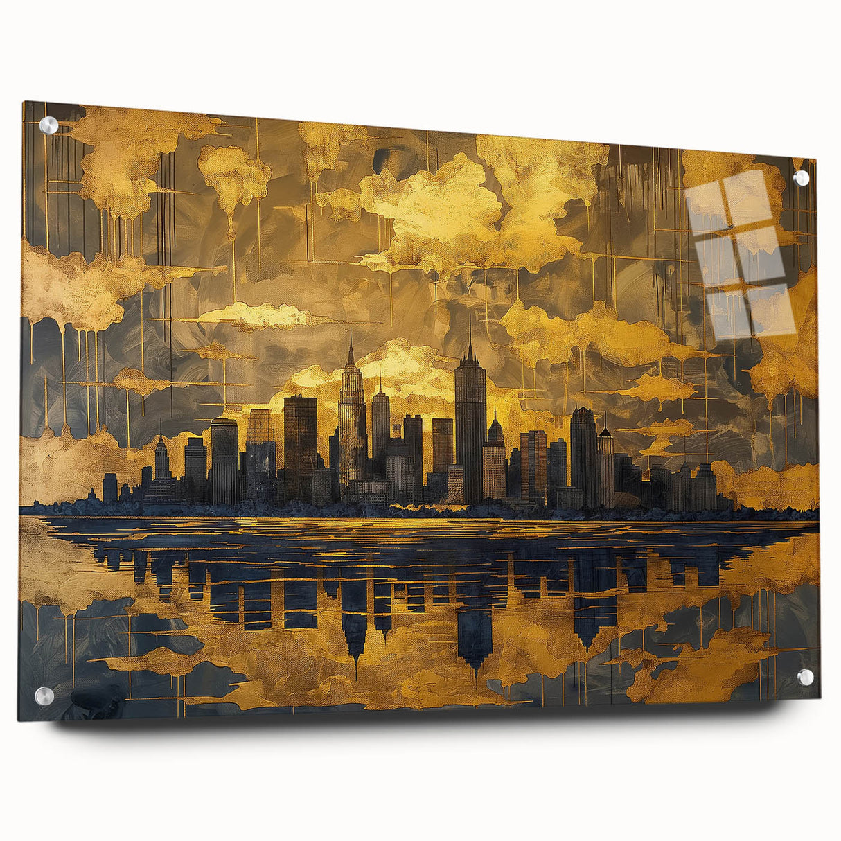 Abstract landscape wall art design showcasing vibrant colors and dynamic shapes, displayed in a sleek acrylic frame with visible pins, perfect for modern decor.