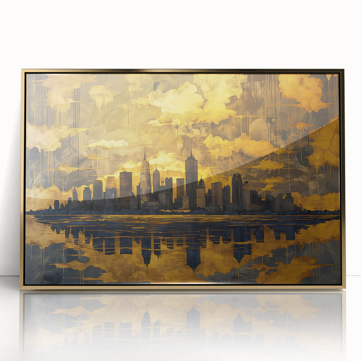 Framed abstract landscape wall art featuring vibrant gold accents against a textured background, ideal for modern home decor. Perfect for adding elegance to living spaces.