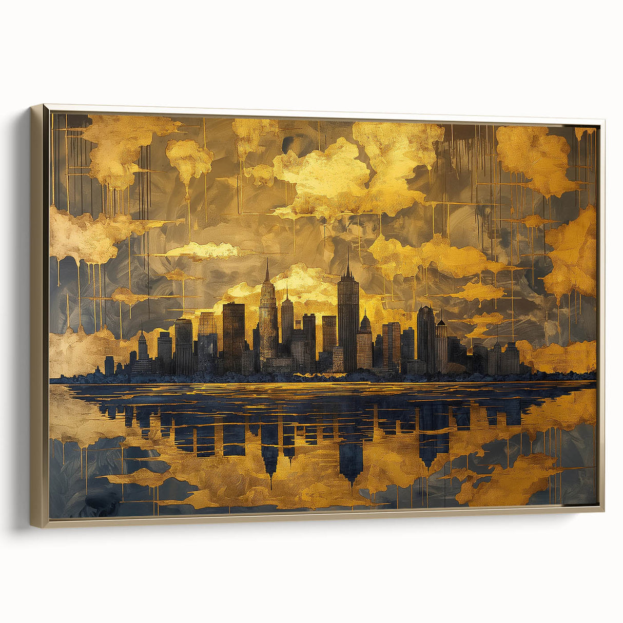 Framed canvas wall art depicting an abstract landscape design with gold accents, showcasing a modern aesthetic ideal for home decor. The side view highlights the thickness of the frame, making it a standout piece for contemporary interiors.