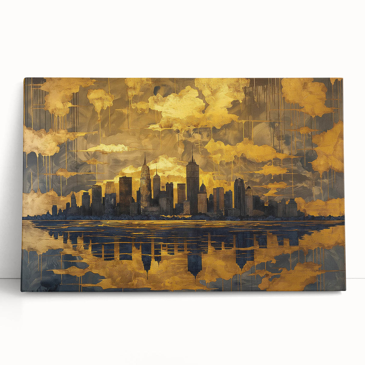 Abstract landscape wall art on stretched canvas, showcasing vibrant colors and fluid shapes, perfect for modern home decor, leaning against a neutral wall.