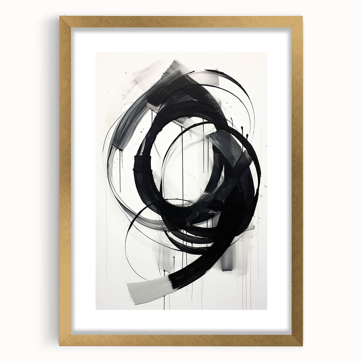 Abstract minimalist wall art design in a gold frame with a mat, showcasing soft geometric shapes and muted colors, ideal for modern home decor.