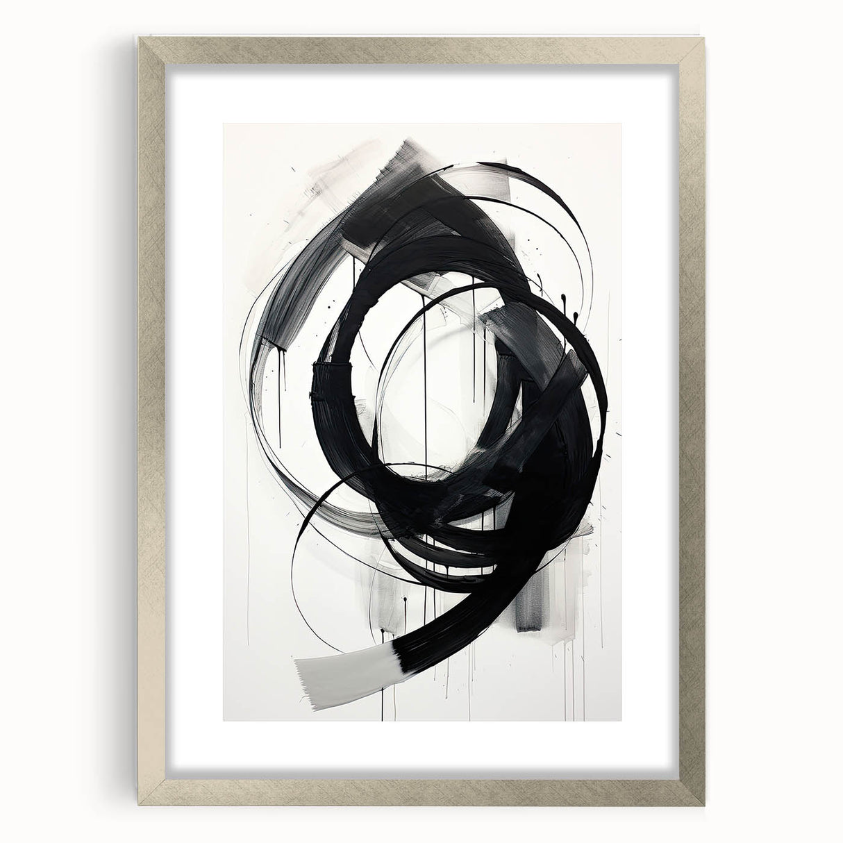 Abstract minimalist wall art framed in silver with a white mat, showcasing geometric shapes and soft color gradients, perfect for modern home decor.