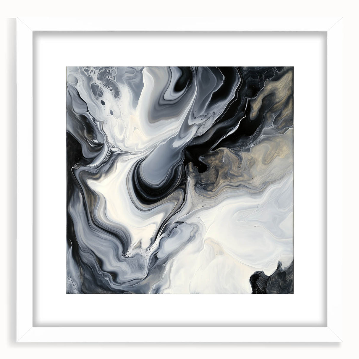 Fluid Abstract Wall Art – Black, White & Gold Marble Movement
