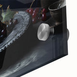 Close-up of large abstract wall art featuring assorted fruits in vibrant colors on acrylic glass.