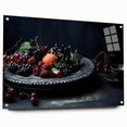 Large abstract wall art featuring an array of fruits in vibrant colors on acrylic glass, ideal for dining room decor.