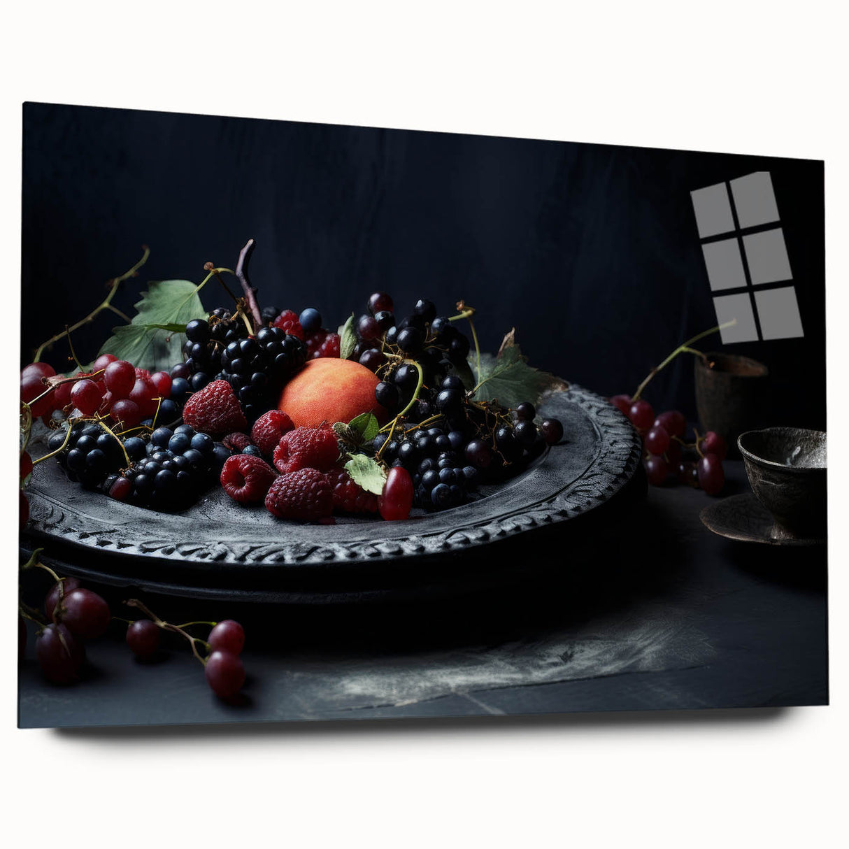 Large abstract wall art featuring an assortment of fruits in vibrant colors on acrylic glass.