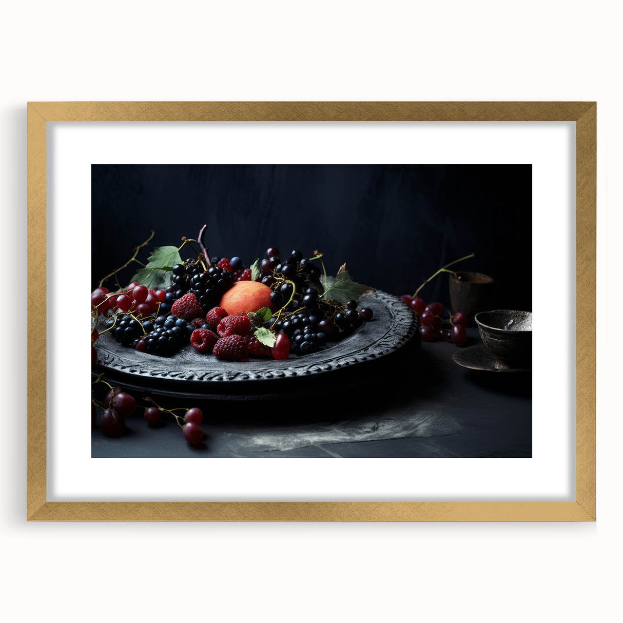 Extra large abstract art print featuring textured fruits in vibrant colors on a gold-framed canvas.