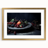 Extra large abstract art print featuring textured fruits in vibrant colors on a gold-framed canvas.
