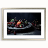 Textured art depicting abstract fruit designs in vibrant colors on a silver-framed mat, suitable for bedroom decor.