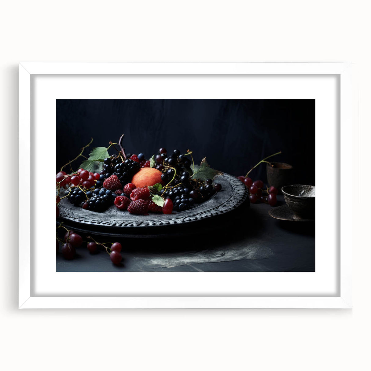Abstract art print featuring assorted fruits in bright colors on a white mat and frame, suitable for dining room decor.