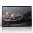 Large abstract wall art featuring assorted fruits in vibrant colors on a black acrylic framed print.