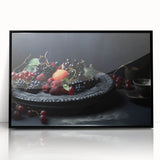 Large abstract wall art featuring assorted fruits in vibrant colors on a black acrylic framed print.