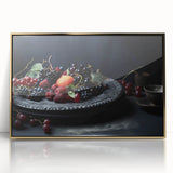Large art print featuring an assortment of fruits in bold colors on a gold acrylic frame.
