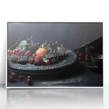 Art deco poster featuring an array of fruits in vibrant colors on a white acrylic framed print.