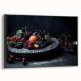 Black and white vintage poster art on framed canvas depicting various fruits, suitable for bedroom wall decor.
