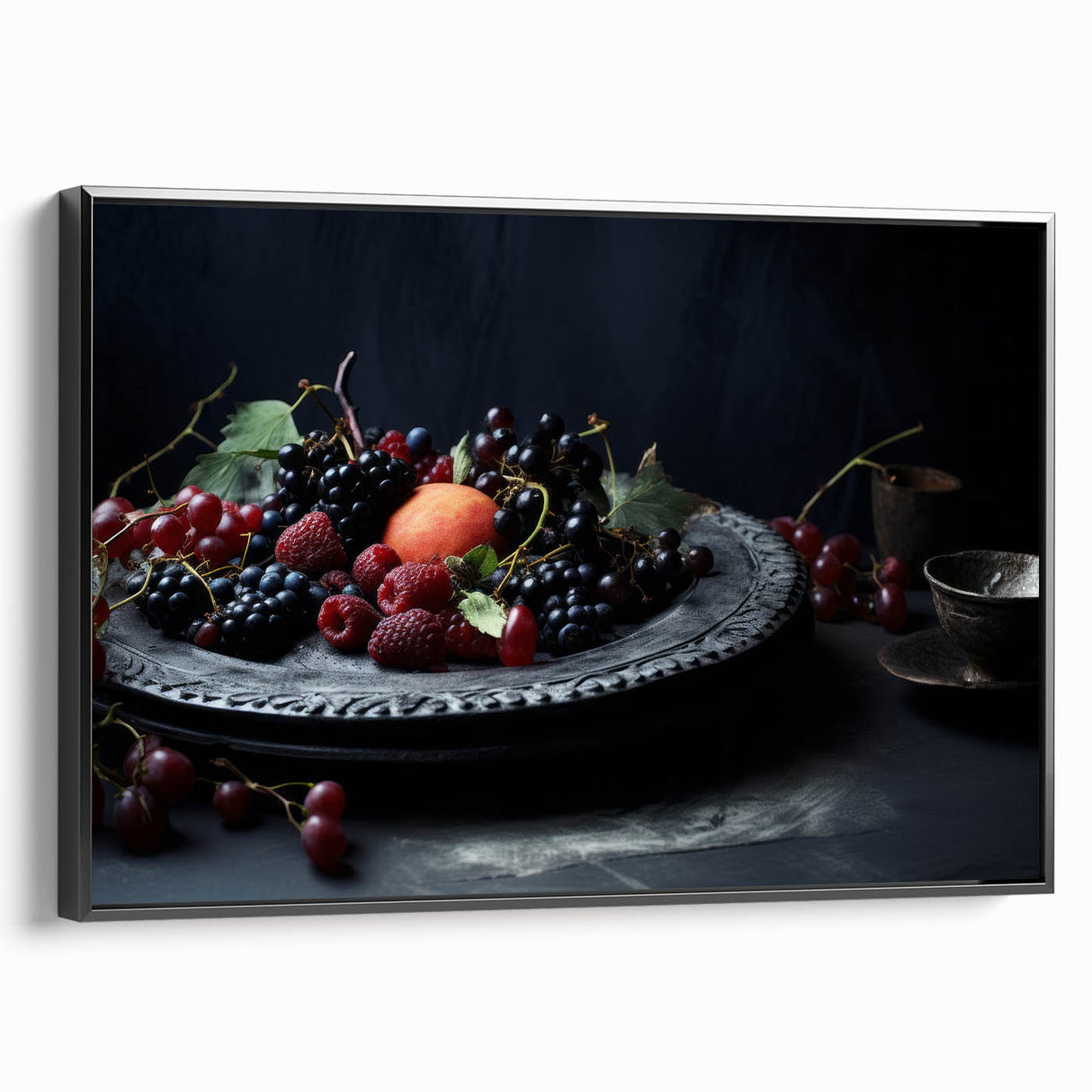 Black and white vintage poster art on framed canvas depicting various fruits, suitable for bedroom wall decor.