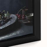 Close-up of extra large black wall art featuring colorful, textured fruits on framed canvas, ideal for living room decor.