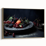 Framed canvas featuring vintage poster art of a fruit landscape in muted gold and black tones, ideal for bedroom wall decor.