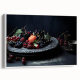 Vintage poster art of colorful fruits on a large framed canvas, suitable for living room decor.