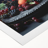 Art deco poster featuring an assortment of fruits in vibrant colors on a rolled canvas, suitable for dining room decor.