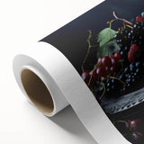 Art Deco style poster featuring an assortment of colorful fruits on rolled canvas, ideal for nursery wall art.