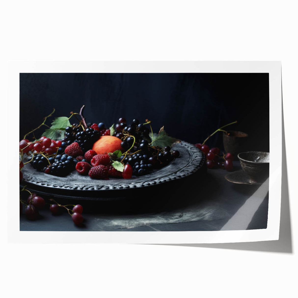 Rolled canvas print featuring a variety of colorful fruits, ideal for art wall dining room decor.