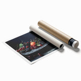 Extra large rolled print featuring a vibrant display of various fruits on a white background.