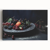 Black and white wall art of assorted fruits on stretched canvas, suitable for kitchen decor.