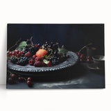 Large black and white stretched canvas featuring an array of fruits, ideal for kitchen wall art.