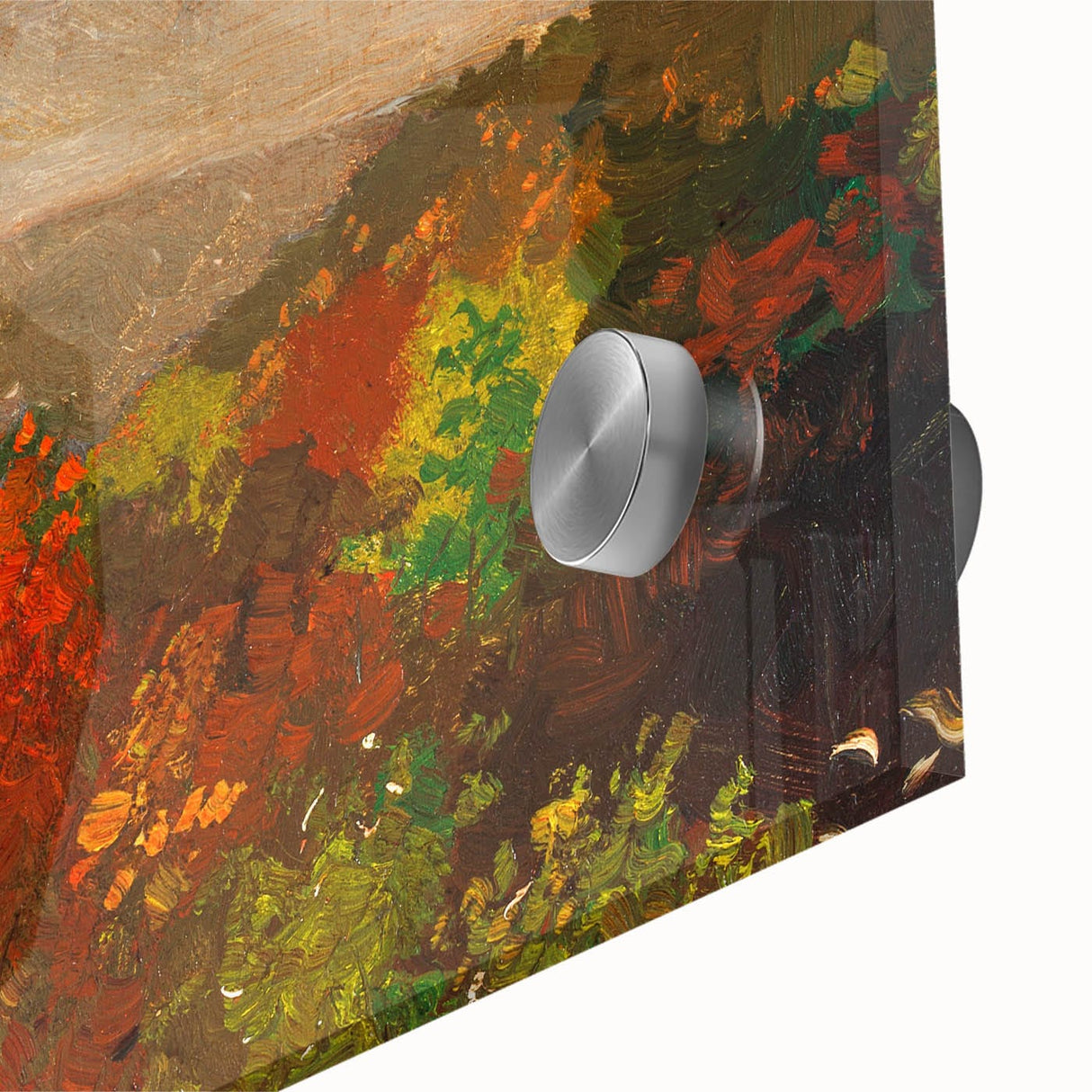 Large abstract wall art on acrylic glass featuring mid-century modernist fall tones, ideal for dining room art.