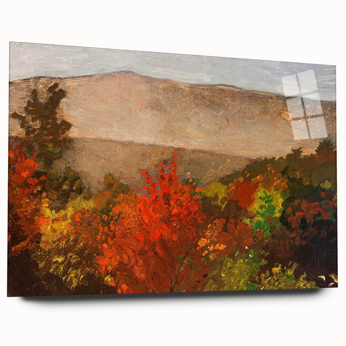 Large abstract wall art in warm autumn hues on acrylic glass, suitable for bedroom or dining room decor.